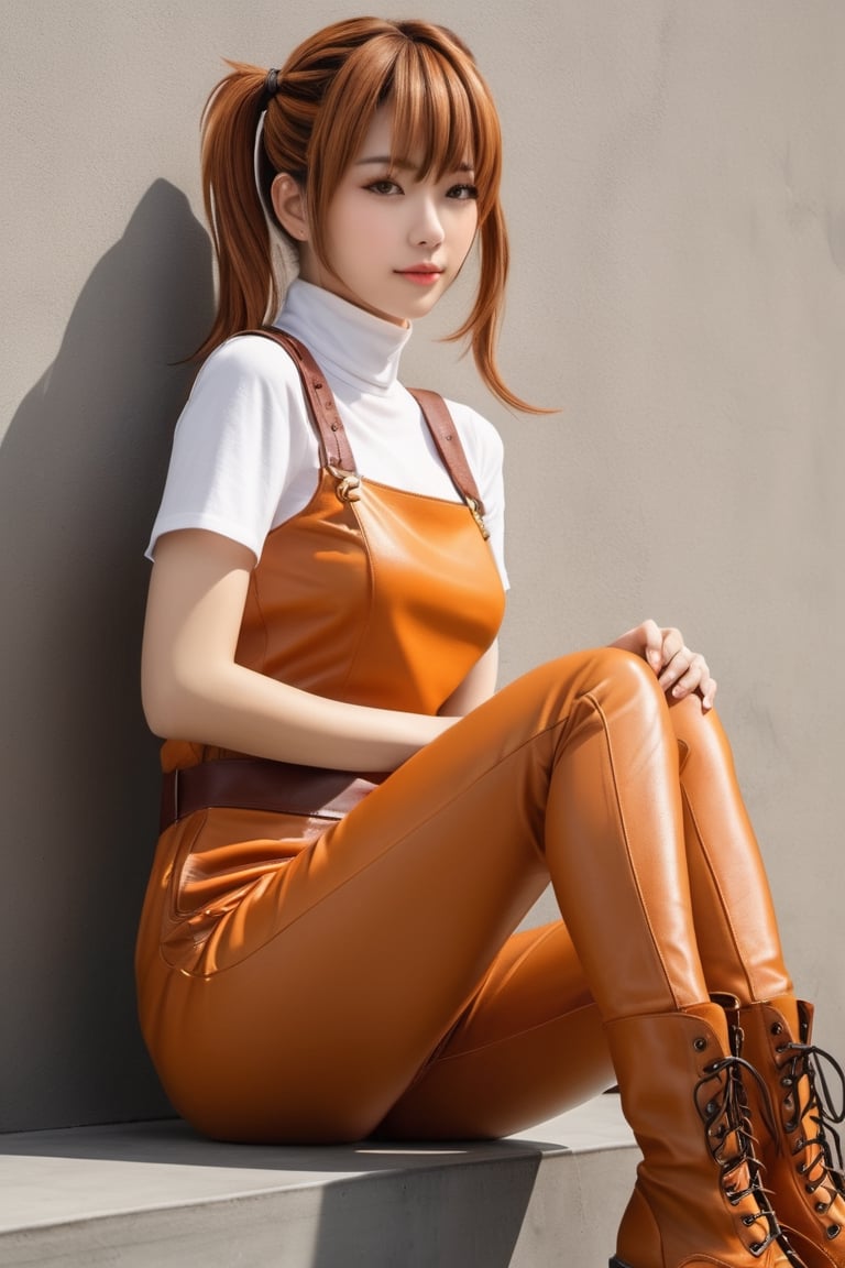 (((full-length portrait))) (((hyper-realistic skin))) (((extremely realistic skin detail))) (((skin with detailed shadows))) (((masterpiece, highest quality)) ), (realistic, photo_realistic:1.9) ((Photo session)) ((general shot)) ((side shot)) Diane (((full body))) from the anime nanatsu no taizan sitting and leaning on a wall ( ((brown hair with high pigtails on each side of the head))), large round and firm breasts, (((orange sleeveless jumpsuit))), (((orange leather boots with white doubles))), lighting studio, sharp focus, 8k, UHD, high quality, frown, intricate details, highly detailed, hyper realistic, (((regular zoom)))