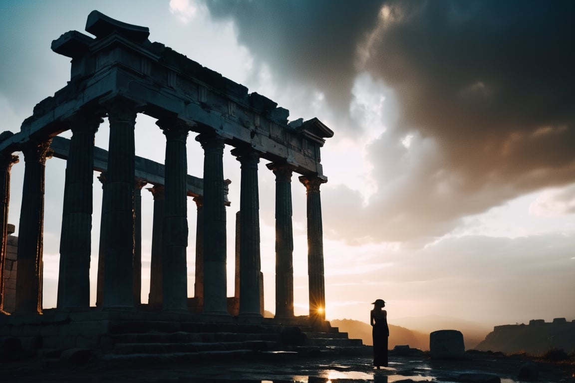 (((full length portrait))) (((masterpiece))) (((super realistic))) (((8K))) (((wide shot))) (((side angle))) ( ((maximum detail))) (((hyper realistic))) greek ruins,rainy downpour,bright sun,Silhouette of a beautiful female face in full sky,studio lighting,cinematic lighting,vibrant color,photographic film,Fujifilm XT3 shot through a Samyang 85mm F1.4 Fe E, 80mm Sigma f/1.4, (((Zoom Regular))) lens