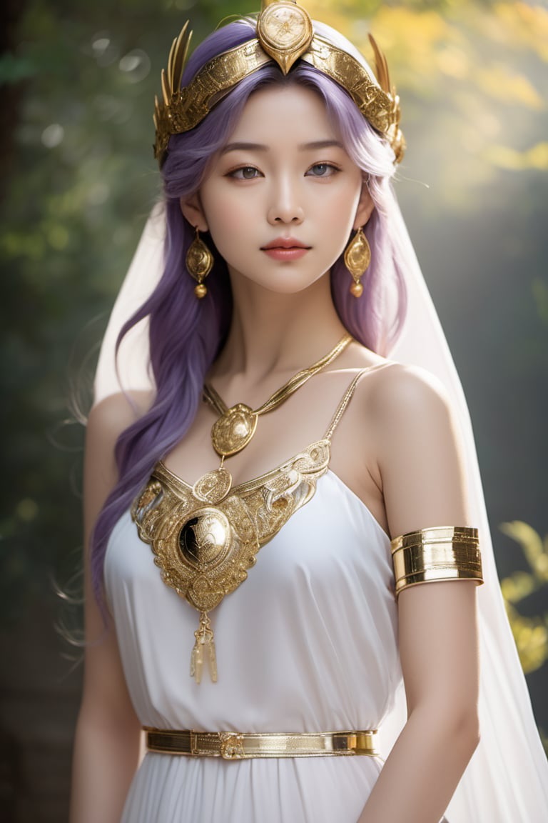 Realistic, Saori Kido, also known as Athena, is a 16-year-old girl of great elegance and beauty that arouses admiration around her. Her hair is long and a purple-blonde hue, flowing smoothly to her shoulders and framing her face. Her eyes are a deep light blue, with a serene and compassionate look that reflects her role as protector and leader. She wears a flowing white gown that falls to her ankles, decorated with golden details and intricate embroidery denoting her position as the goddess Athena. She wears a golden belt that adjusts the dress to her figure, and a similarly golden necklace adorns her neck. On her left wrist, she wears a gold bracelet with a small symbol representing the Pegasus constellation, in honor of the Knight of Pegasus, Seiya, one of her faithful protectors. In her right hand, she holds a ceremonial scepter that exudes a sense of divine power. Atop the scepter is a miniature replica of Pegasus' armor helmet, symbolizing his connection to the Bronze Knights and his mission to protect Earth. The expression on her face combines grace and serenity, with a slight smile reflecting her confidence in good and her desire to protect humanity. Her presence radiates authority and warmth, inspiring those around her to fight for justice and peace, full body shot, cinematic lighting, captured full body through the lens of a high speed DSLR camera.