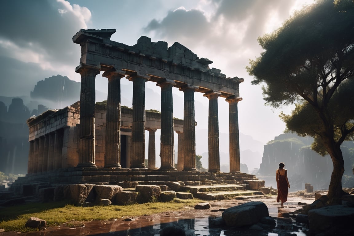 (((full length portrait))) (((masterpiece))) (((super realistic))) (((8K))) (((wide shot))) (((side angle))) ( ((high detail))) (((hyper-realistic))) greek ruins,rainy downpour,bright sun,studio lighting,cinematic lighting,vibrant color,photographic film,Fujifilm XT3 captured by Samyang 85mm F1.4 Fe E lens , 80mm Sigma f/1.4, (((Regular Zoom)))