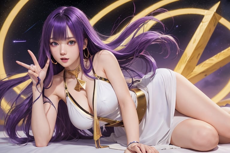 Full body superrealistic 18-year-old woman with long shiny purple hair with bangs, with a childish face with triangle Japanese features, big dark blue eyes, a white Greek dress cinched at the waist, a gold metal belt with an ultra-realistic parthenon background, 4k wind strong