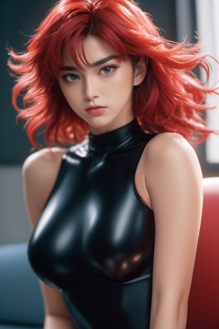 a full body, masterpiece, hyper realistic, photo realistic, full shot, captured through the lens of a high speed DSLR camera, 90's anime style, saint seiya, marin de aguila, super realistic human skin, 8K, 1 girl, face beautiful, attack pose, sitting, arms bare, 20 years old, semi-wavy red hair, short hair, all black sleeveless leotard, red thigh-high stockings, black sleeveless short gloves, black shoes,