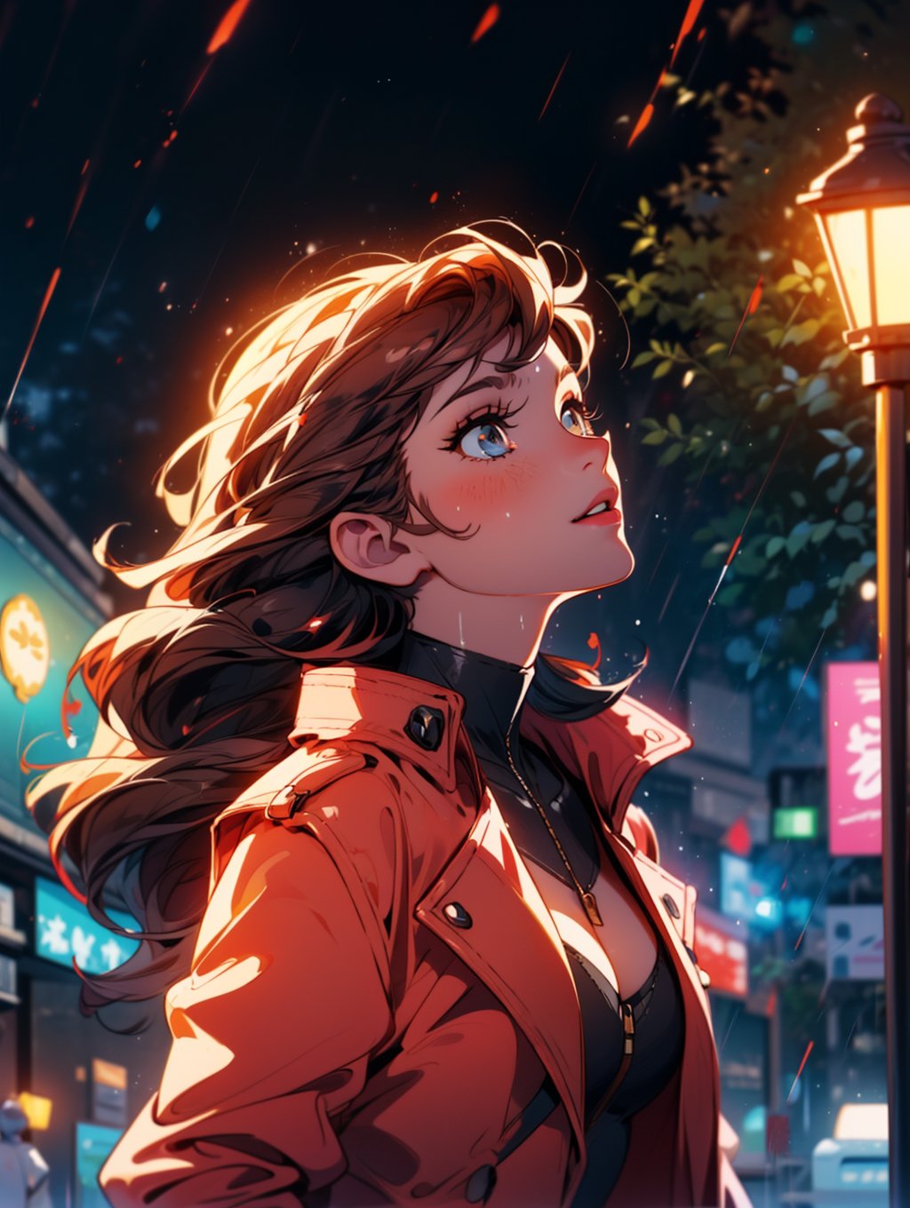 a beautiful woman wearing a red trench coat, dancing in the rain under a street lamp, looking up, raining hard, key visual, vibrant, highly detailed, expressive, cinematic lighting, detailed eyes, cheerful, brown hair