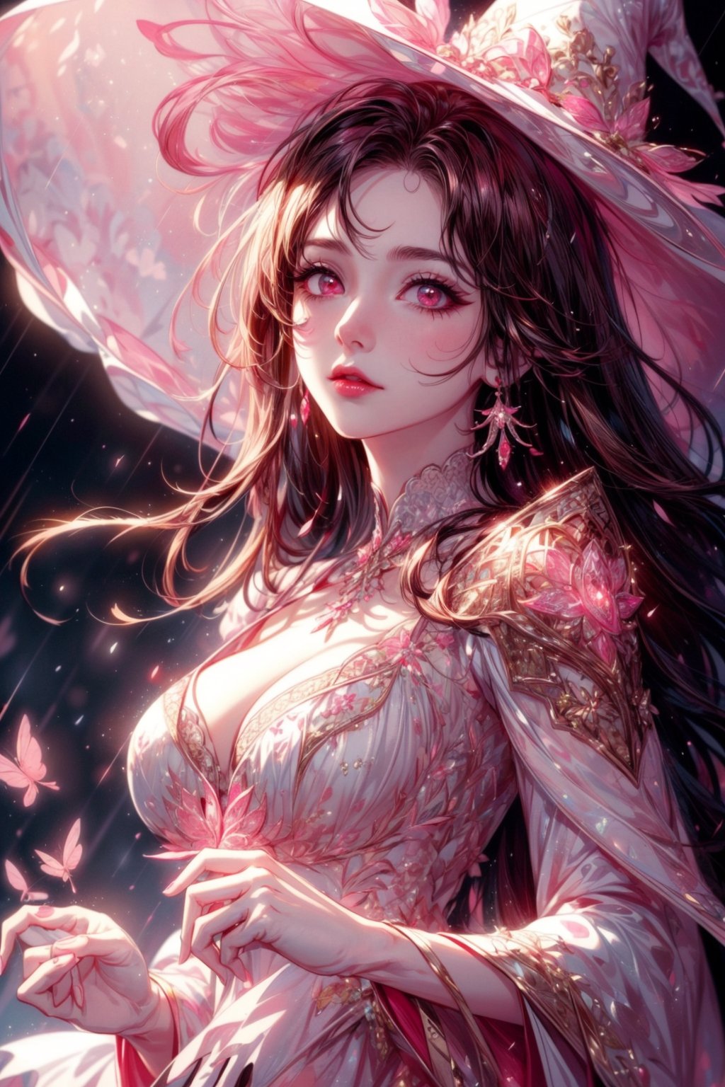 masterpiece, best quality, illustration 1 girl, a beautiful witch casting a spell in the rain, raining hard, looking up, ornate white pink and gold wizard clothes, white and pink wizard hat with pink jewels, elegant, detailed celestial environment, luminous mushrooms,  (dynamic lighting:1.2), cinematic lighting, delicate elegant facial features, detailed eyes, pink eyes, long brunette hair, realistic pupils, depth of field, sharp focus, (hyper-detailed, bloom, glow:1.4), brown hair, full lips, bright pink eyes, mystical atmosphere, kind face, sexy,