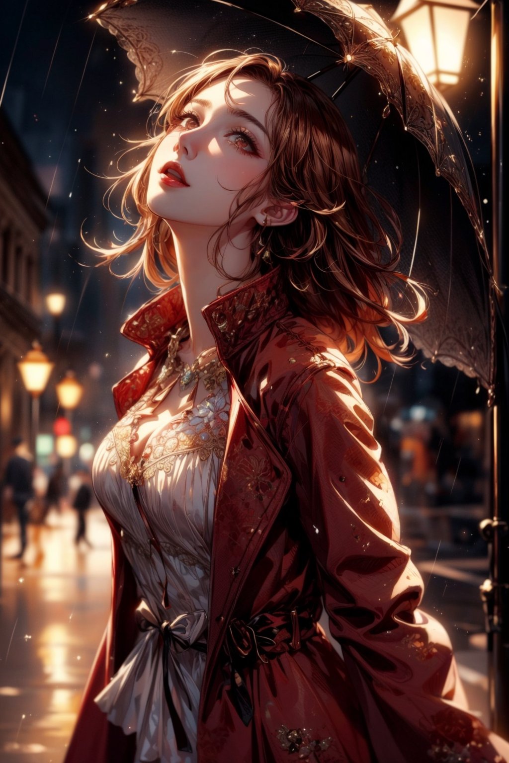 masterpiece, best quality, 1 girl, a beautiful woman wearing a red trench coat, dancing in the rain under a street lamp, looking up, raining hard, key visual, vibrant, highly detailed, expressive, cinematic lighting, detailed eyes, cheerful, brown hair, hyperdetailed face