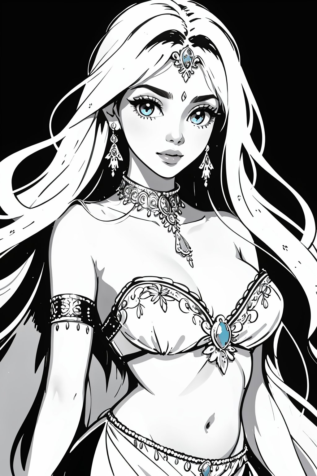 masterpiece, best quality, illustration, sketch, monchrome, with no shadow, white background, (lineart), (colorless), (add_detail:-1), (monchrome), upper body only, body facing viewer, a beautiful genie, ornate dress, Indian jewelry, very long hair, tiara, white background, detailed eyes, big eyes, full lips, belly_dancer, slender, delicate, Fantasy,SMMars, cheerful, magic_girl