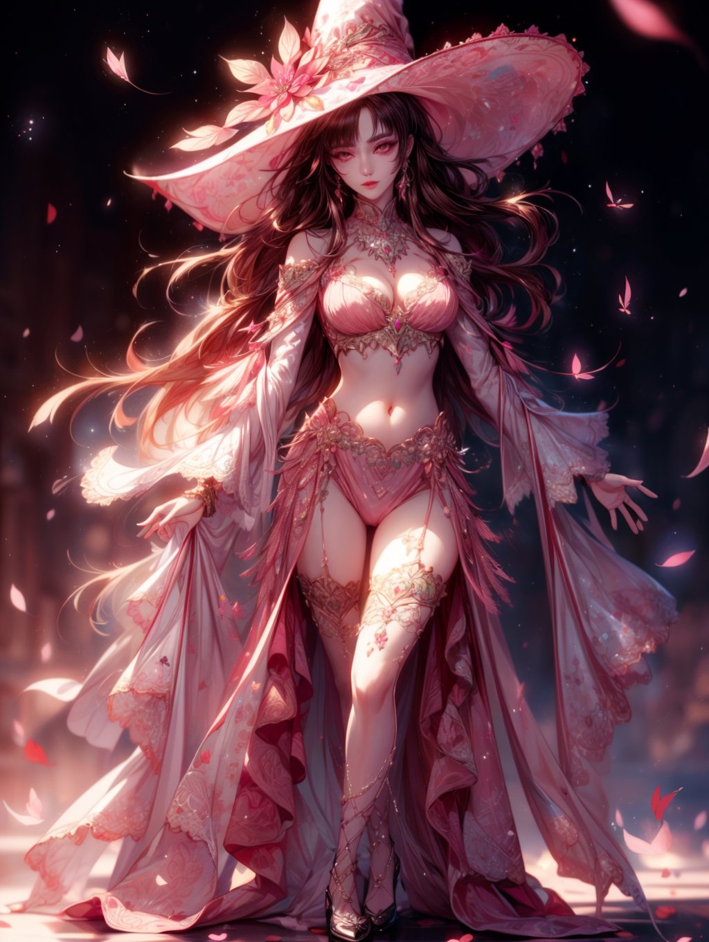 masterpiece, best quality, illustration, full body facing viewer, a beautiful witch casting a spell with planets around her, ornate white pink and gold wizard clothes, white and pink wizard hat with pink jewels, elegant, detailed celestial environment, luminous mushrooms,  (dynamic lighting:1.2), cinematic lighting, delicate elegant facial features, detailed eyes, pink eyes, long brunette hair, realistic pupils, depth of field, sharp focus, (hyper-detailed, bloom, glow:1.4), brown hair, full lips, bright pink eyes, mystical atmosphere, kind face, sexy, belly_dancer