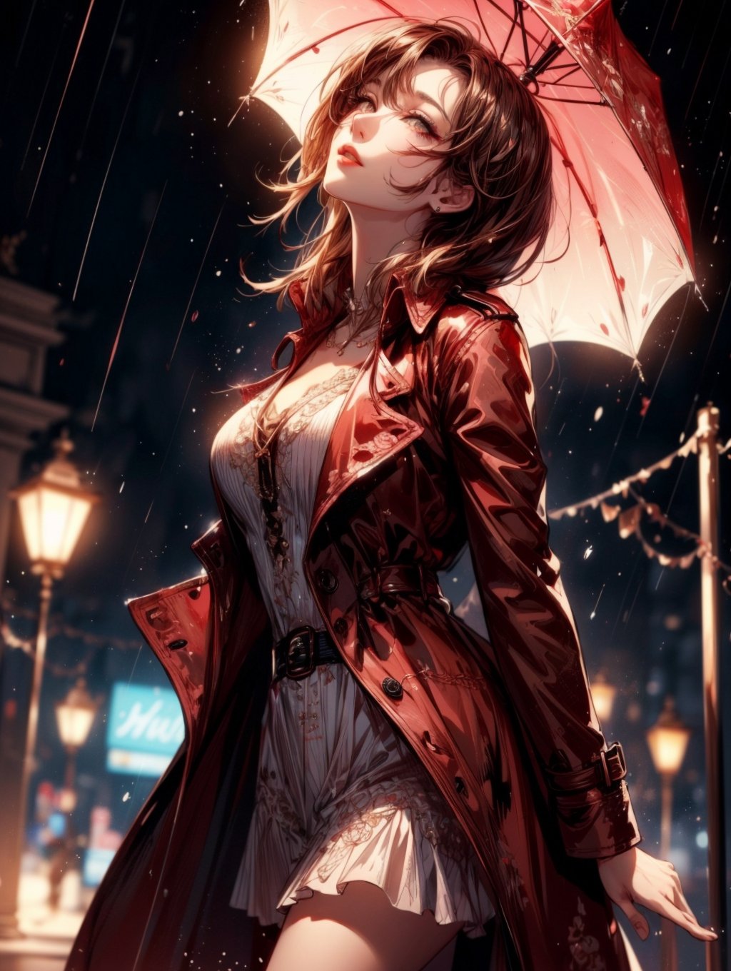 a beautiful woman wearing a red trench coat, dancing in the rain under a street lamp, looking up, raining hard, key visual, vibrant, highly detailed, expressive, cinematic lighting, detailed eyes, cheerful, brown hair