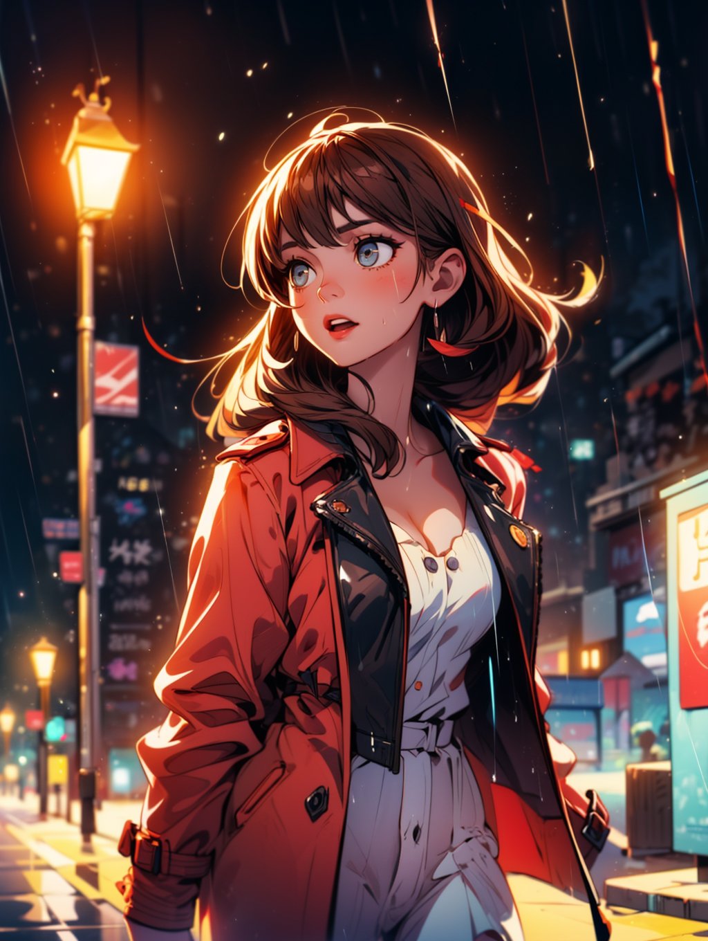 a beautiful woman wearing a red trench coat, dancing in the rain under a street lamp, looking up, raining hard, key visual, vibrant, highly detailed, expressive, cinematic lighting, detailed eyes, cheerful, brown hair