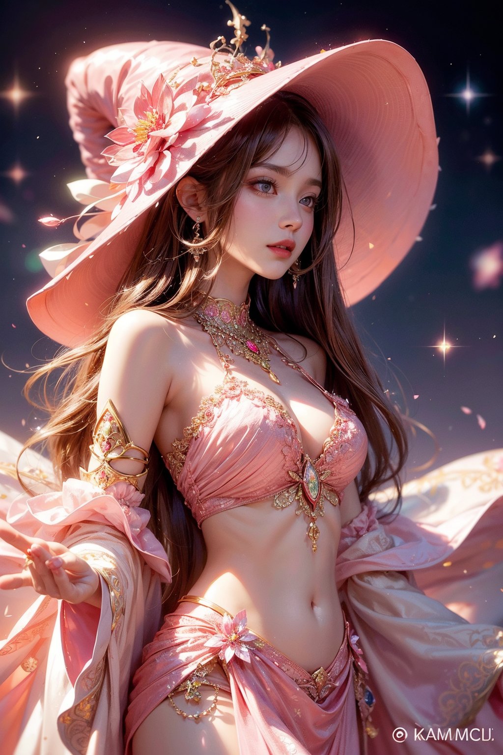 masterpiece, best quality, illustration, full body facing viewer, a beautiful witch casting a spell with planets around her, ornate white pink and gold wizard clothes, white and pink wizard hat with pink jewels, elegant, detailed celestial environment, luminous mushrooms,  (dynamic lighting:1.2), cinematic lighting, delicate elegant facial features, detailed eyes, pink eyes, long brunette hair, realistic pupils, depth of field, sharp focus, (hyper-detailed, bloom, glow:1.4), brown hair, full lips, bright pink eyes, mystical atmosphere, kind face, sexy, belly_dancer