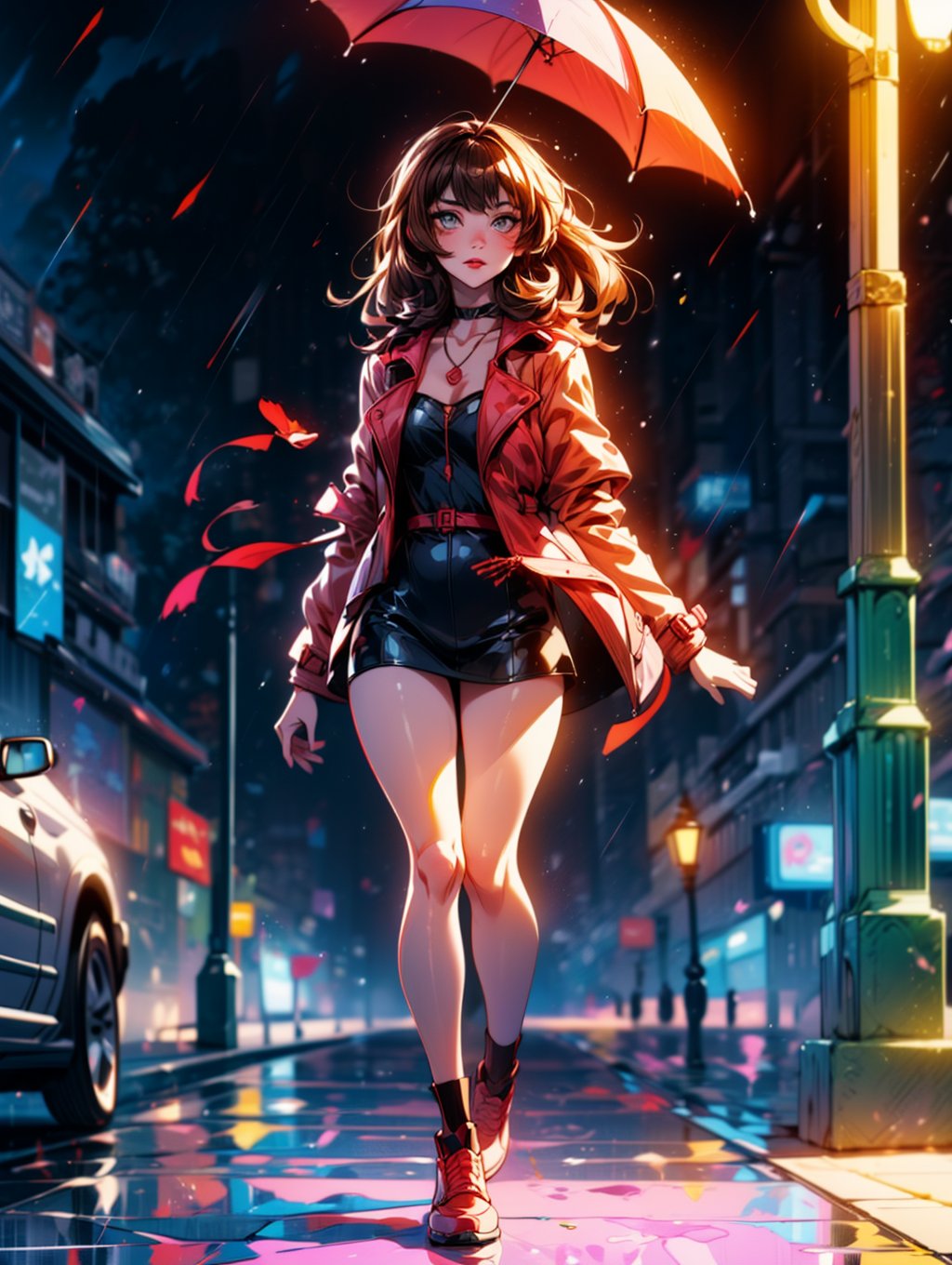 a beautiful woman wearing a red trench coat, dancing in the rain under a street lamp, looking up, raining hard, key visual, vibrant, highly detailed, expressive, cinematic lighting, detailed eyes, cheerful, brown hair, full lips, full body facing viewer