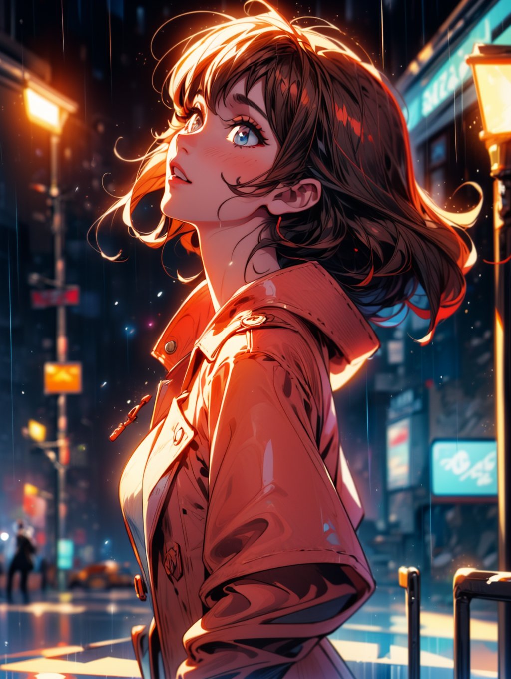 a beautiful woman wearing a red trench coat, dancing in the rain under a street lamp, looking up, raining hard, key visual, vibrant, highly detailed, expressive, cinematic lighting, detailed eyes, cheerful, brown hair