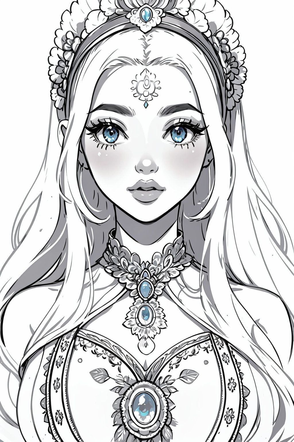 masterpiece, best quality, illustration, sketch, monchrome, with no shadow, white background, (lineart), (colorless), (add_detail:-1), (monchrome), upper body only, body facing viewer, a beautiful genie, ornate dress, Indian jewelry, very long hair, magic lamps around her, white background, detailed eyes, big eyes, full lips, Fantasy