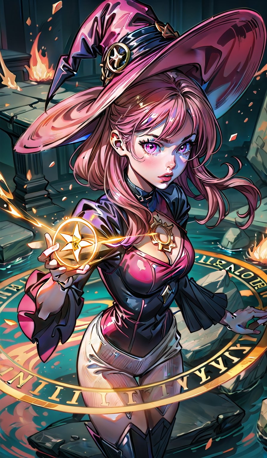 1 girl, cute girl, long pink hair, pink eyes, beautiful fire witch, dynamic pose, light particles, light ray, colorful, magic circle, witch hat, girl on a floating stone platform, colorful glare, reflection, Dark Fantasy, medium breasts, full lips, bright detailed eyes, hyperdetailed