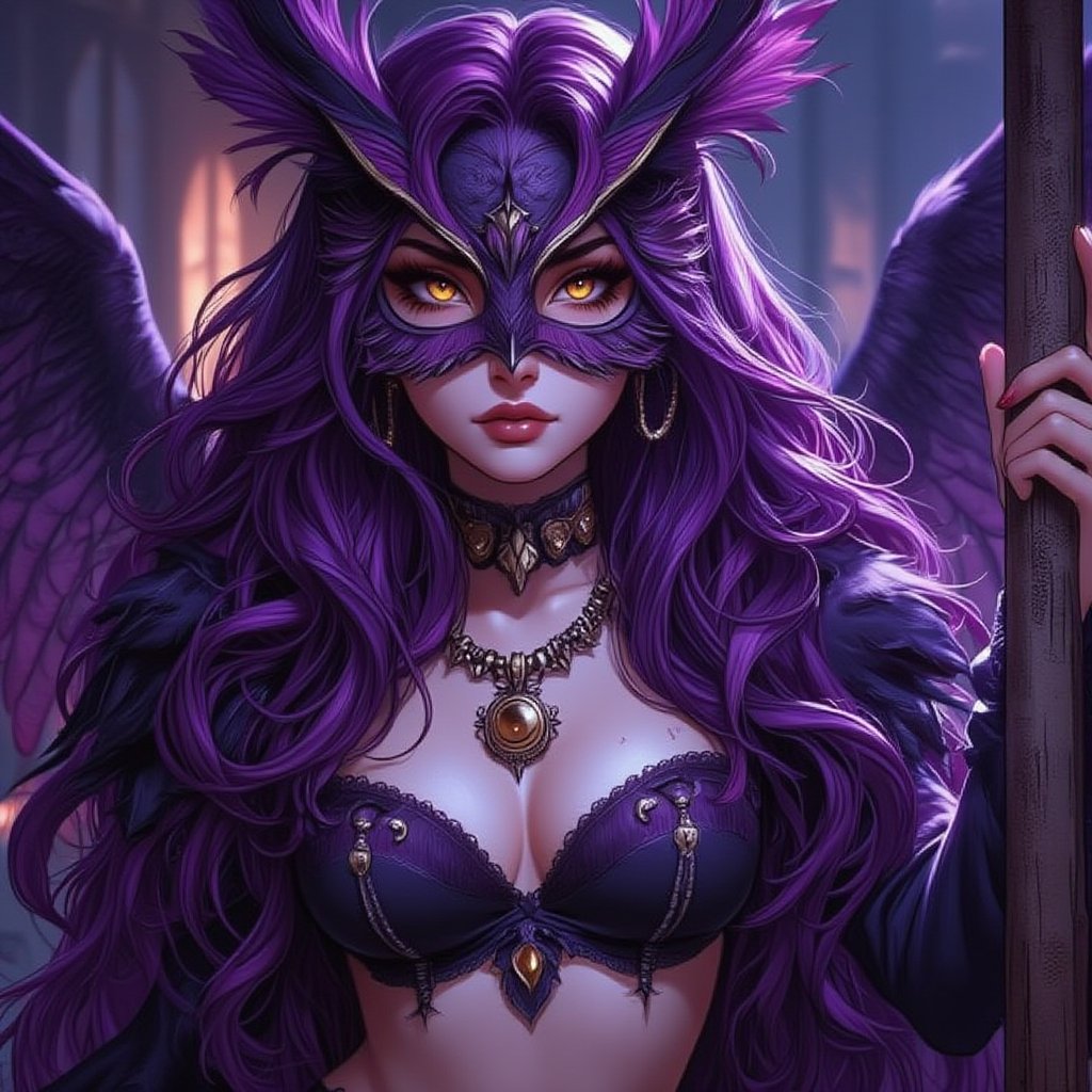 1 girl, best quality, masterpiece, beautiful owl woman, princess of the owls, victorian owl masquerade costume with feathers, owl ears, purple hair, long cascading purple hair, perfect eyes, detailed eyes, golden eyes, skeletal jewelry, fantasy background, boke, gloom-core, full lips, belly_dancer, dynamic pose, pole_dancing, comic art, pop art