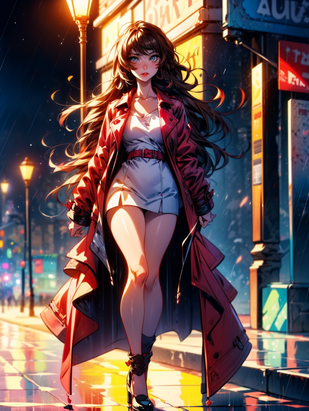 a beautiful woman wearing a red trench coat, dancing in the rain under a street lamp, looking up, raining hard, upper body only, key visual, vibrant, highly detailed, expressive, cinematic lighting, detailed eyes, cheerful, brown hair, full lips, full body facing viewer