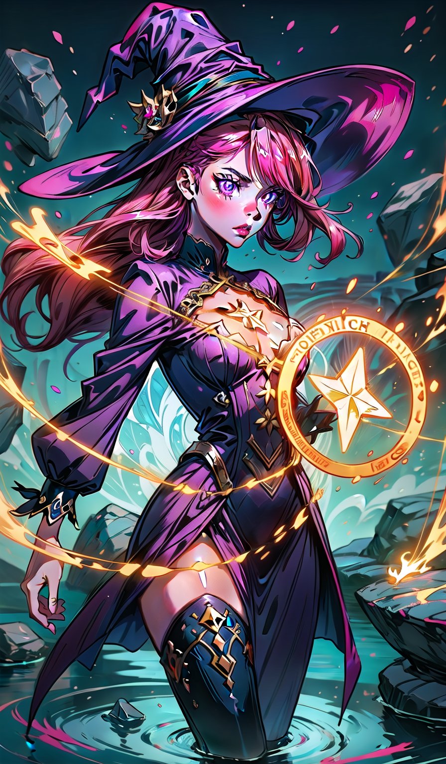 1 girl, cute girl, long pink hair, pink eyes, beautiful water witch, dynamic pose, ornate wizard clothes, light particles, water spraying, colorful, magic circle, witch hat, girl on a floating stone platform, colorful glare, reflection, Dark Fantasy, medium breasts, full lips, bright detailed eyes, hyperdetailed