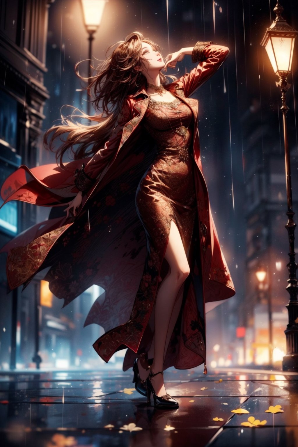 masterpiece, best quality, 1 girl, a beautiful woman wearing a red trench coat, dancing in the rain under a street lamp, looking up, raining hard, key visual, vibrant, highly detailed, expressive, cinematic lighting, detailed eyes, cheerful, brown hair