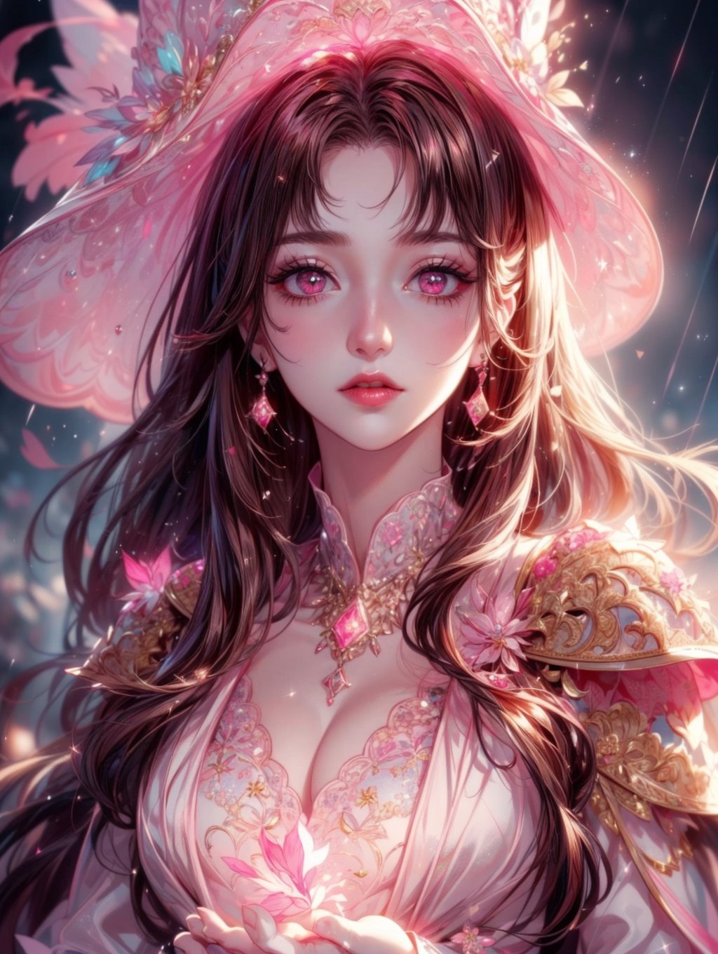 masterpiece, best quality, illustration 1 girl, a beautiful witch casting a spell in the rain, raining hard, looking up, ornate white pink and gold wizard clothes, white and pink wizard hat with pink jewels, elegant, detailed celestial environment, luminous mushrooms,  (dynamic lighting:1.2), cinematic lighting, delicate elegant facial features, detailed eyes, pink eyes, long brunette hair, realistic pupils, depth of field, sharp focus, (hyper-detailed, bloom, glow:1.4), brown hair, full lips, bright pink eyes, mystical atmosphere, kind face, sexy, 