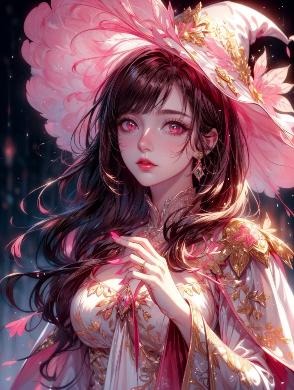 masterpiece, best quality, illustration 1 girl, a beautiful witch casting a spell in the rain, raining hard, looking up, ornate white pink and gold wizard clothes, white and pink wizard hat with pink jewels, elegant, detailed celestial environment, luminous mushrooms,  (dynamic lighting:1.2), cinematic lighting, delicate elegant facial features, detailed eyes, pink eyes, long brunette hair, realistic pupils, depth of field, sharp focus, (hyper-detailed, bloom, glow:1.4), brown hair, full lips, bright pink eyes, mystical atmosphere, kind face, sexy,