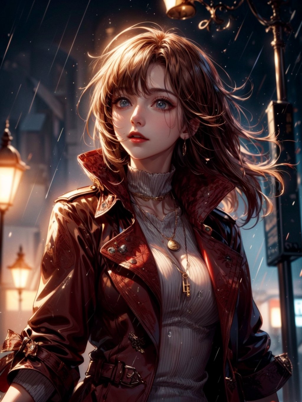 a beautiful woman wearing a red trench coat, dancing in the rain under a street lamp, looking up, raining hard, key visual, vibrant, highly detailed, expressive, cinematic lighting, detailed eyes, cheerful, brown hair