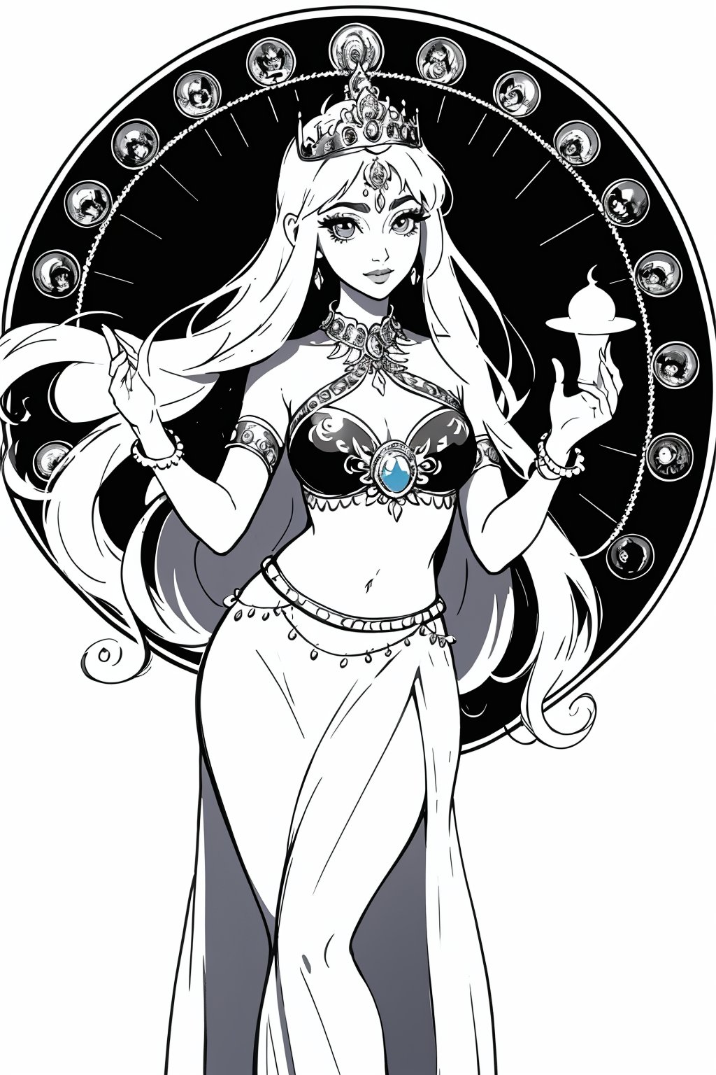 masterpiece, best quality, illustration, sketch, monchrome, with no shadow, white background, (lineart), (colorless), (add_detail:-1), (monchrome), body facing viewer, a beautiful genie, ornate long dress, Indian jewelry, tiara, very long hair, magic lamp, white background, detailed eyes, big eyes, full lips, belly_dancer, slender, cheerful, Fantasy, SMMars