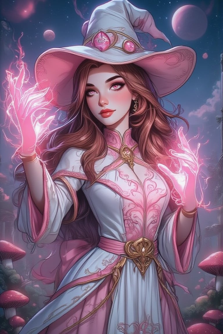 masterpiece, best quality, illustration, full body facing viewer, a beautiful witch casting a spell with planets around her, ornate white pink and gold wizard clothes, white and pink wizard hat with pink jewels, elegant, detailed celestial environment, luminous mushrooms,  (dynamic lighting:1.2), cinematic lighting, delicate elegant facial features, detailed eyes, pink eyes, long brunette hair, realistic pupils, depth of field, sharp focus, (hyper-detailed, bloom, glow:1.4), brown hair, full lips, bright pink eyes, mystical atmosphere, kind face, sexy, pop art comic style