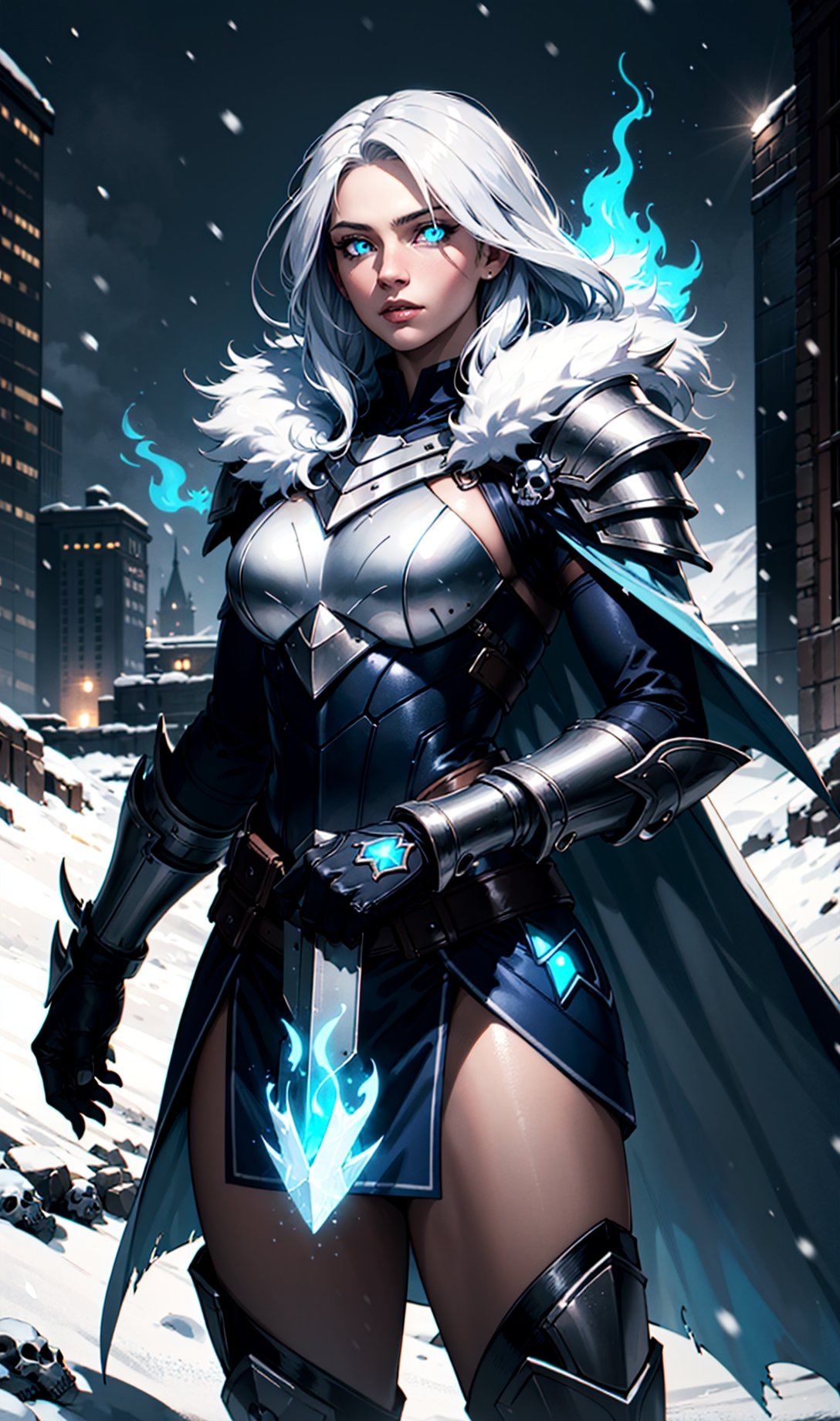 1girl, cowboy shot of wowdk, glowing blue eyes, skull armor, fur trim, pauldrons, torn cape, long white hair, blue fire, snow, ice, night, citadel, athletic, volumetric lighting, best quality, masterpiece,