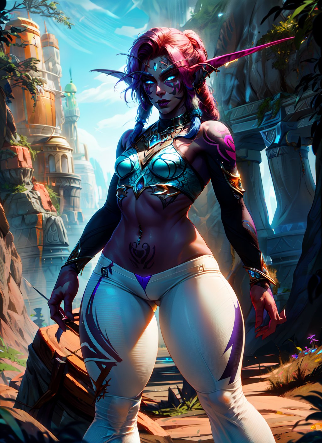 full body, girl, 13 years, (realistic face, pretty face), small body, Slim thighs, standing in the wilderniss, World of Warcraft, facepaint, lip piercing, glowing blue eyes, tattoo, jewelry,  thight white pants, Red hair, dreadlocks, sunlight, volumetric lighting, best quality, masterpiece, realistic,,day,nightelf,thin legs