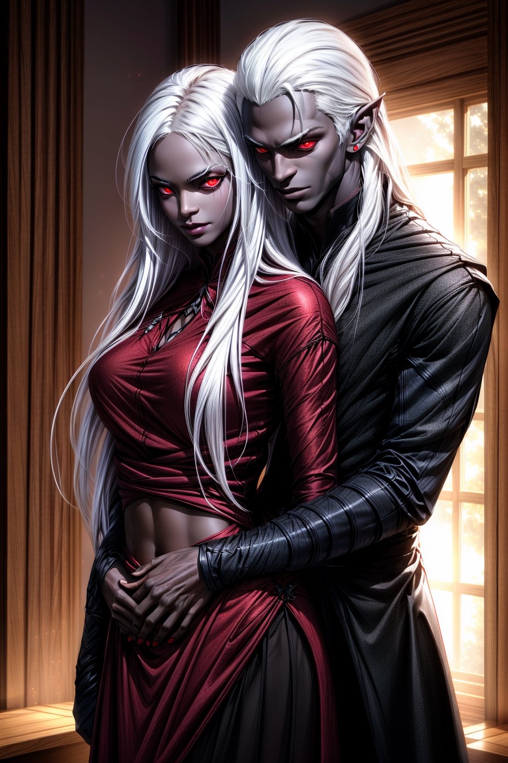 drow,couple,He wraps his arms around her stomach from behind, hugging tight, (man and woman have dark skin color), Long pointed ears, man and woman,((both have long white hair)), (((red eyes))), smal breasts, both wearing tight brown clothes, both seen from the front, both have a serious face, in a nice room,1boy,