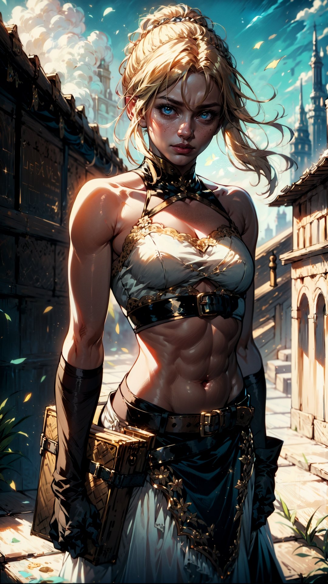 JinxLol,mature female,1girl, solo,looking at viewer, navel, gloves, fingerless gloves, character name, midriff, bare shoulders, looking at viewer, gun, crop top, belt,outdoors,phSaber