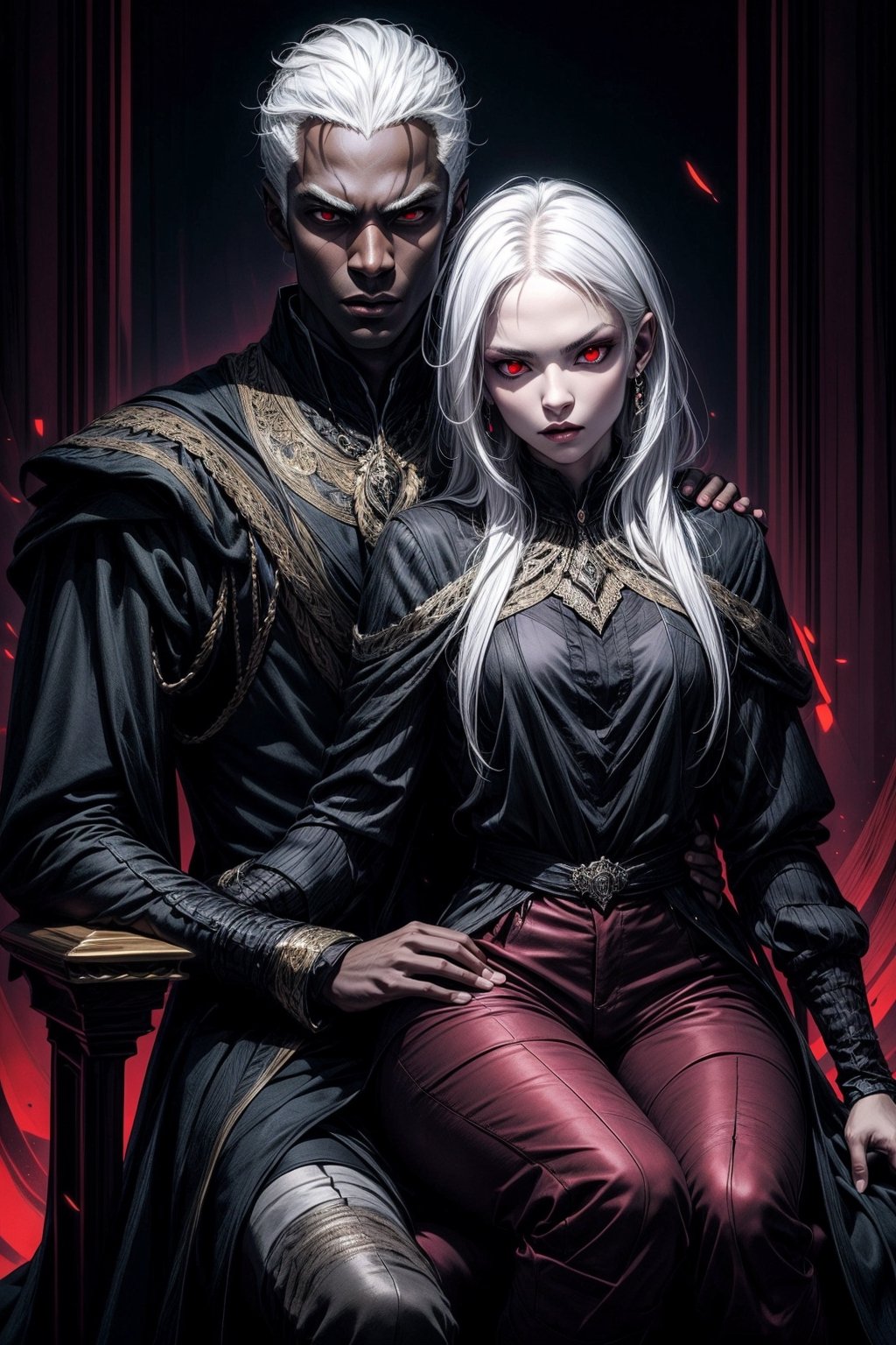 drow, Couple, Male and Female, He's taller than her, dark skin, ((red eyes)), Serious face, white open Hair, dark tight pants and shirt, he is sitting in a Throne, she sits on his lap, locking on viewer