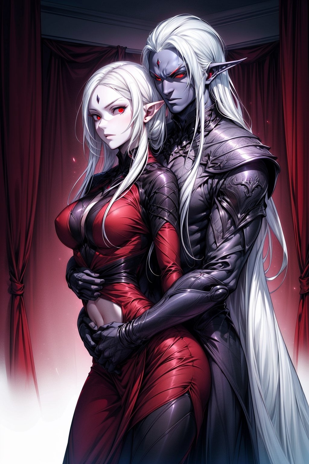 drow,couple, Long pointed ears, man and woman, ((both have long white hair)), (((red eyes))), smal breasts, both wearing tight brown clothes, both seen from the front, He wraps his arms around her stomach from behind, both have a serious face, in a nice room
