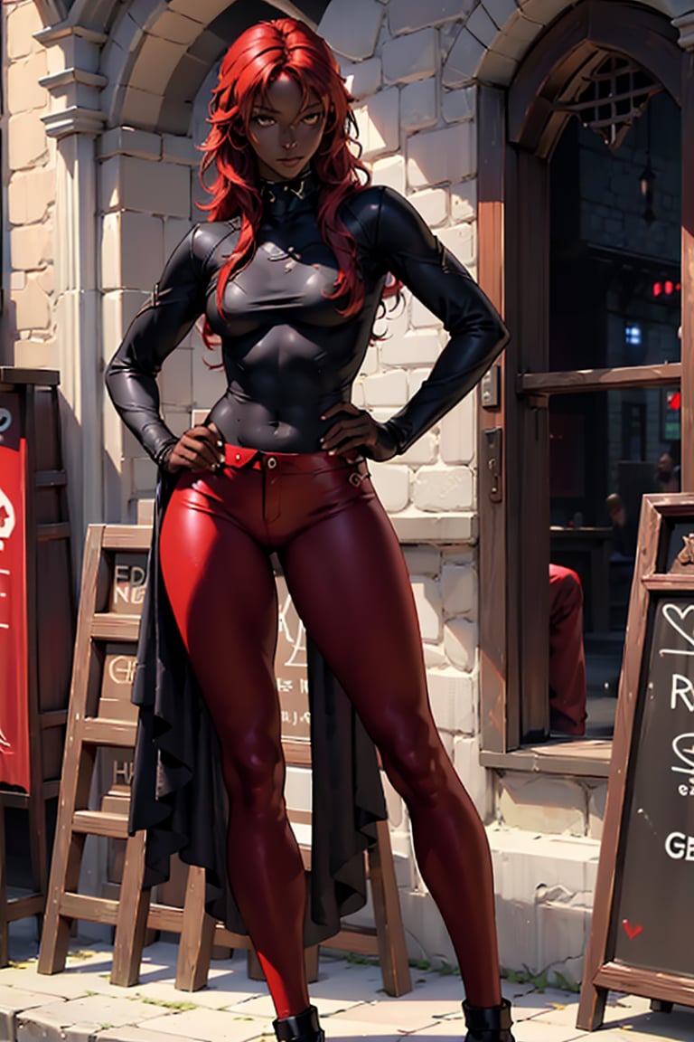 (mysterious:1.3), ultra-realistic, full body, a young woman, ebony skin, smal breast, small body, red pants and top, looking at viewer, holding her hair, red hair, medival tavern background
