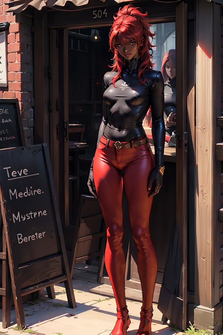 (mysterious:1.3), ultra-realistic, full body, a young woman, ebony skin, smal breast, small body, red pants and top, looking at viewer, holding her hair, red hair, medival tavern background
