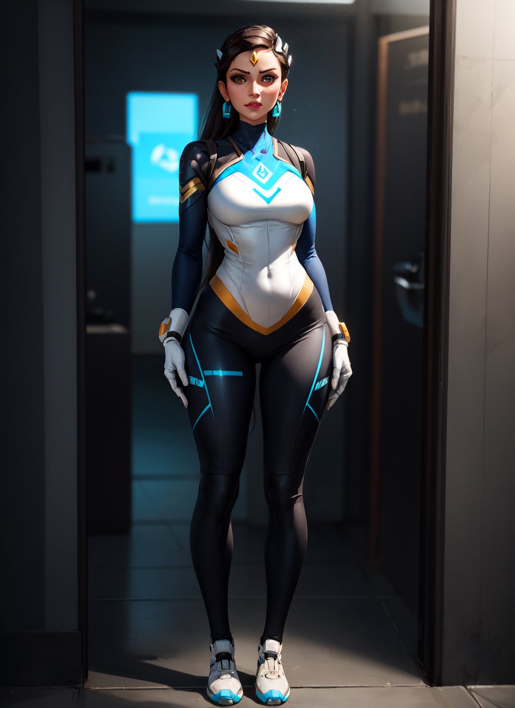 Full Body, Symmetra, Overwatch, black tight clothing, standing in a Labor