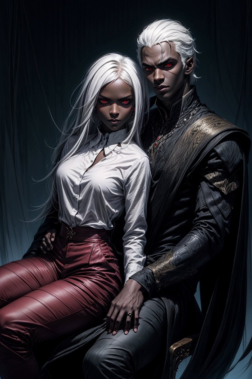 drow, Couple, Male and Female, He's taller than her, ((both have dark skin)), ((red eyes)), Serious face, white open Hair, dark tight pants and shirt, he is sitting in a Throne, she sits on his lap, locking on viewer
