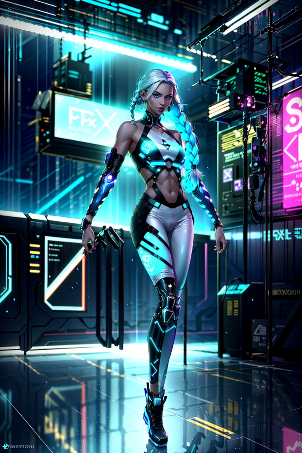 full body,1girl, cyberpunk setting, beautiful athletic body, dark brown skin color, small breast, wearing white pants and top, glowing Turquoise blue eyes, extrem fluffy and long foxtail, braided white hair, braided, athletic, volumetric lighting, best quality, masterpiece, realistic,drow,cyberpunk,Neon Light
