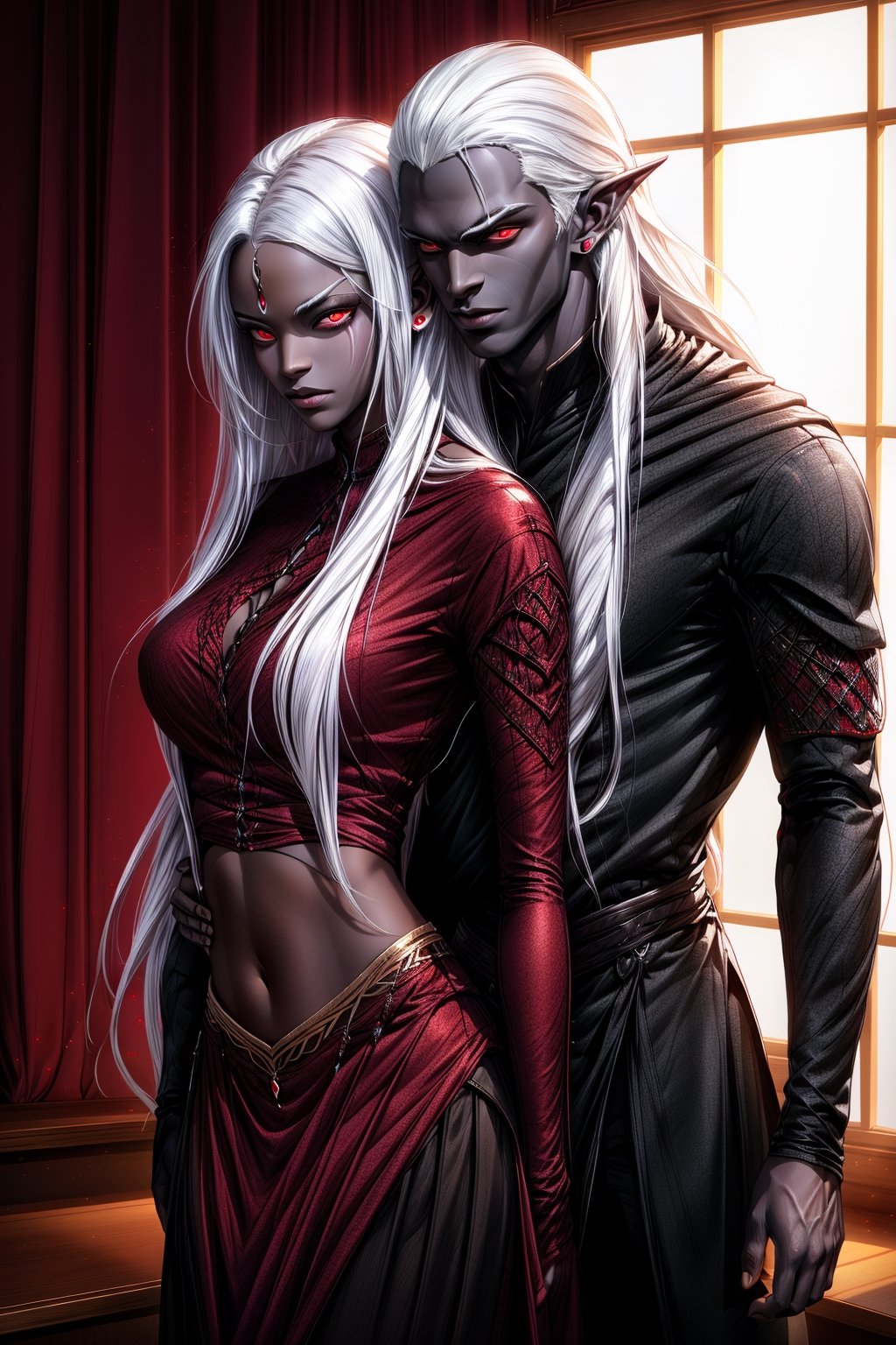 drow,couple,He wraps his arms around her stomach from behind, (man and woman have dark skin color), Long pointed ears, man and woman,((both have long white hair)), (((red eyes))), smal breasts, both wearing tight brown clothes, both seen from the front, both have a serious face, in a nice room,1boy