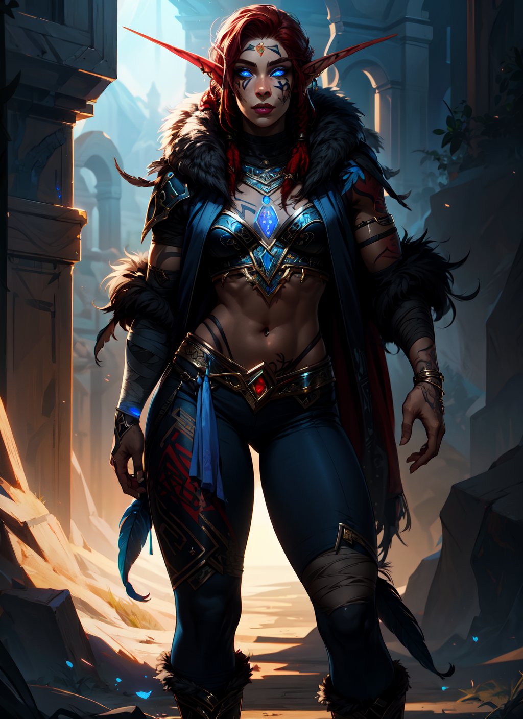 full body, girl, 13 years, (realistic face, pretty face), skinny body, standing in the wilderniss, World of Warcraft, facepaint, lip piercing, glowing blue eyes, tattoo, jewelry,  thight pants, with runes and glyphs, bandages, feathers, fur trim, Red hair, dreadlocks, sunlight, volumetric lighting, best quality, masterpiece, realistic,,day,nightelf