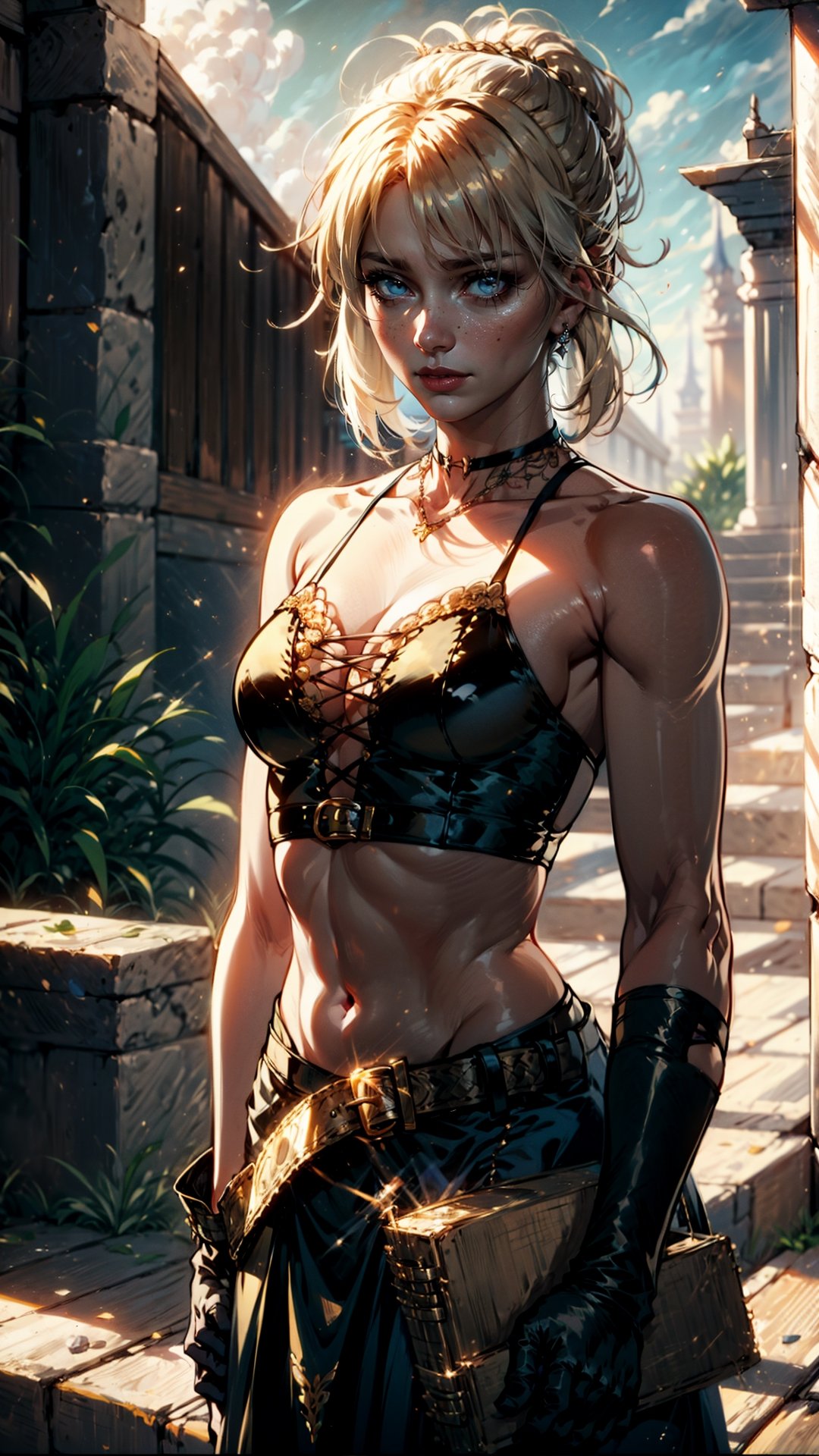 JinxLol,mature female,1girl, solo,looking at viewer, navel, gloves, fingerless gloves, character name, midriff, bare shoulders, looking at viewer, gun, crop top, belt,outdoors,phSaber