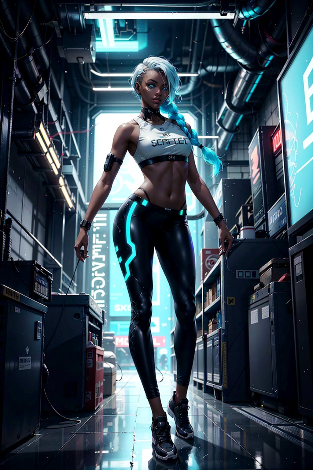 full body,1girl, 13years old, white foxtail Hair all the way to the ground, Heroic attitude, cyberpunk setting, Bounty Hunter, beautiful athletic body, dark brown skin color, small breast, wearing tight pants and top, glowing Turquoise blue eyes, braided white hair, braided, athletic, volumetric lighting, best quality, masterpiece, realistic,drow,cyberpunk,Neon Light,beautiful_lolita_girl