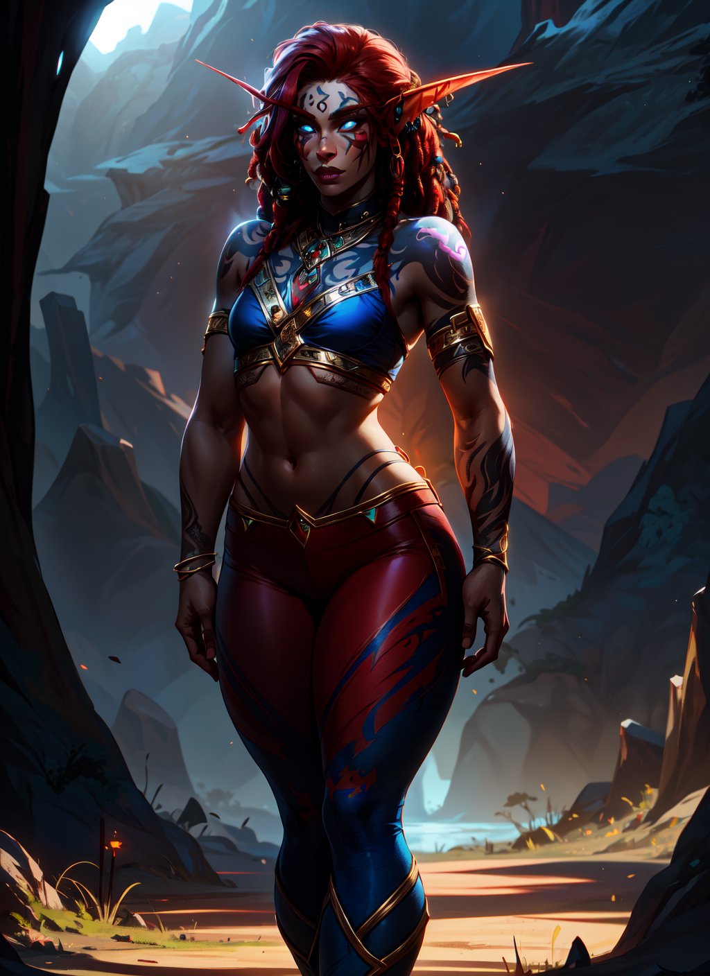 full body, girl, 13 years, (realistic face, pretty face), ((small small thighsbody)), standing in the wilderniss, World of Warcraft, facepaint, lip piercing, glowing blue eyes, tattoo, jewelry,  thight red pants, Red hair, dreadlocks, sunlight, volumetric lighting, best quality, masterpiece, realistic,,day,nightelf,