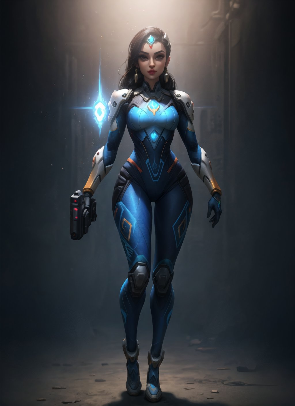 Full Body, Symmetra, Overwatch, tight clothing, standing in a Labor