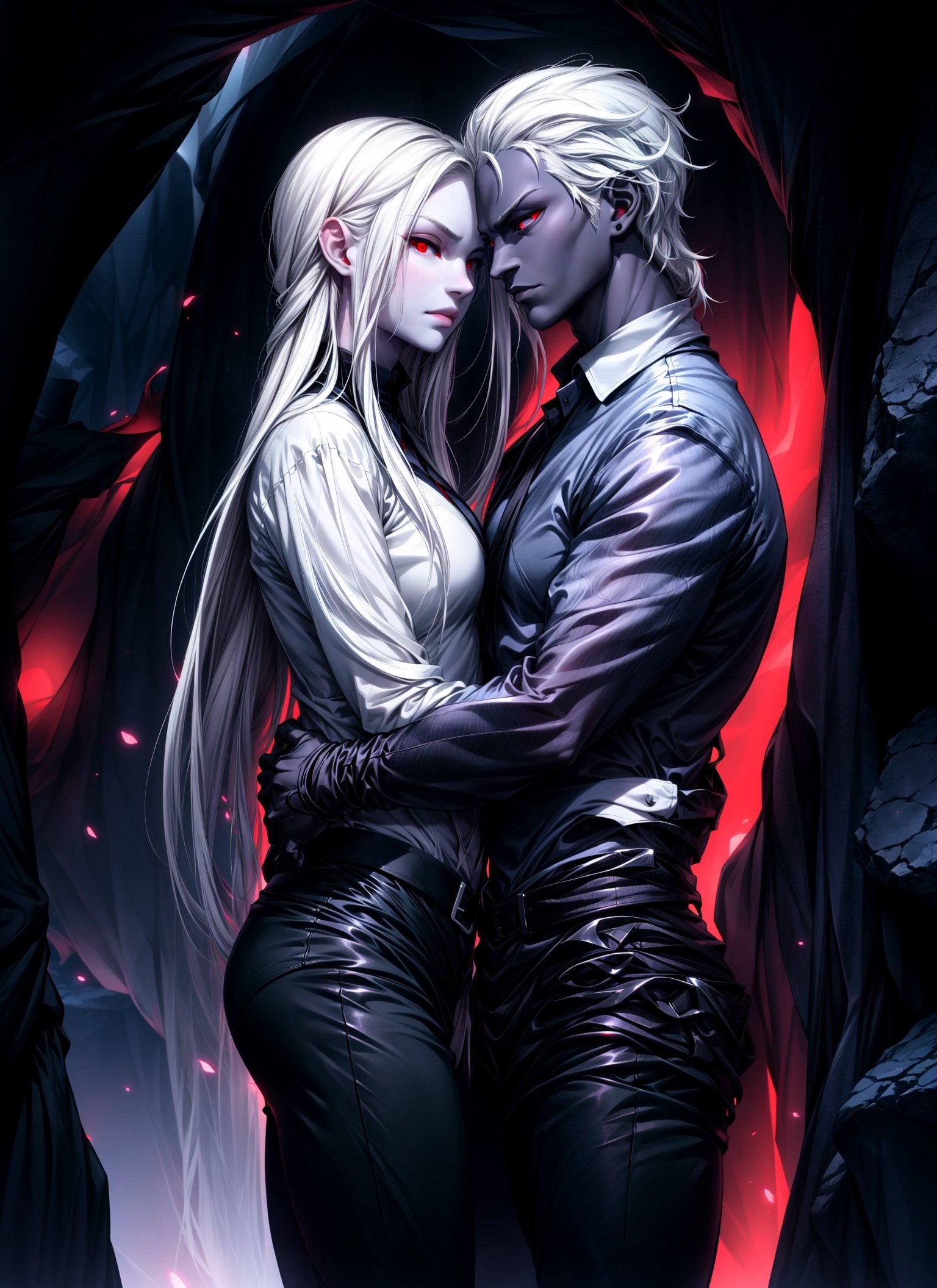 drow, Couple, Male and Female, He's taller than her, dark skin, ((red eyes)), Serious face, white open Hair, dark tight pants and shirt, standing in a Cave, Hugging each Other and Kissing, Standing tight together,