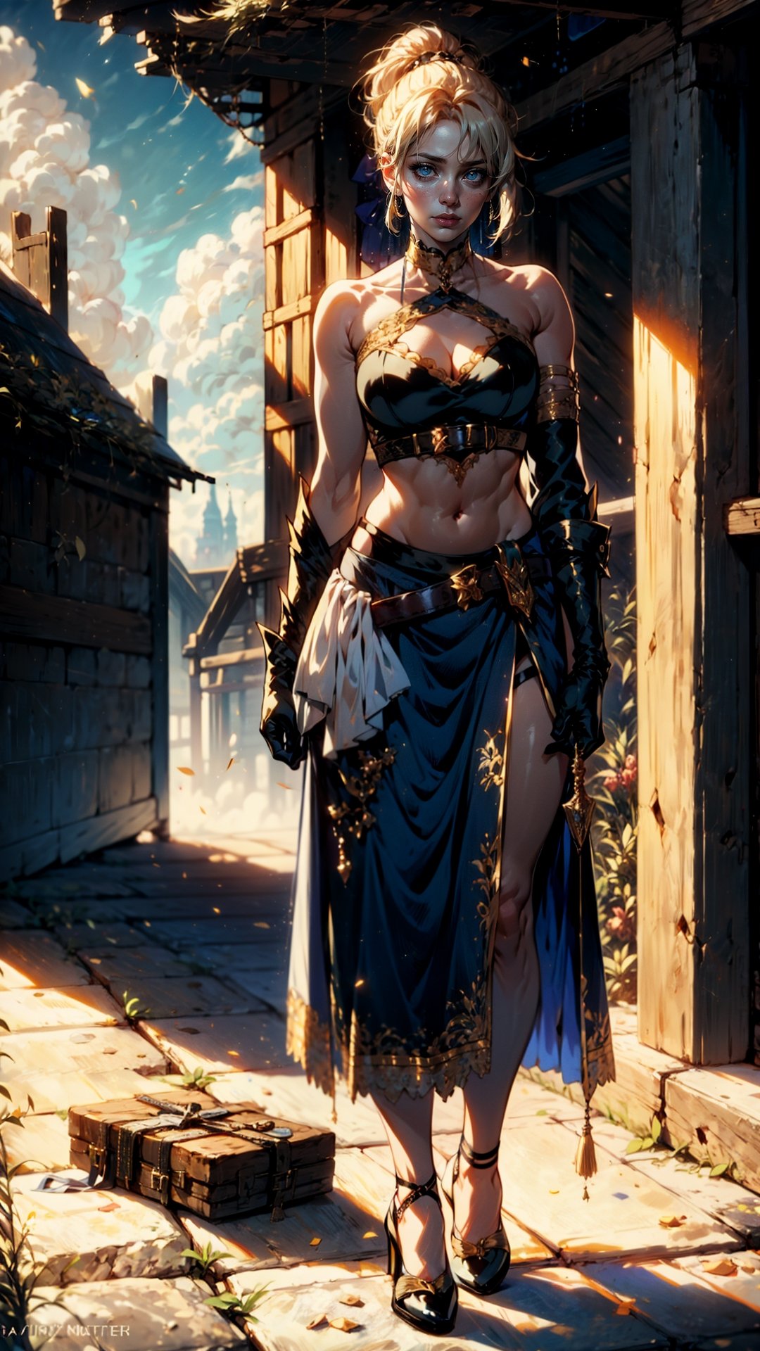 full body,JinxLol,mature female,1girl, solo,looking at viewer, navel, gloves, fingerless gloves, character name, midriff, bare shoulders, looking at viewer, gun, crop top, belt,outdoors,phSaber