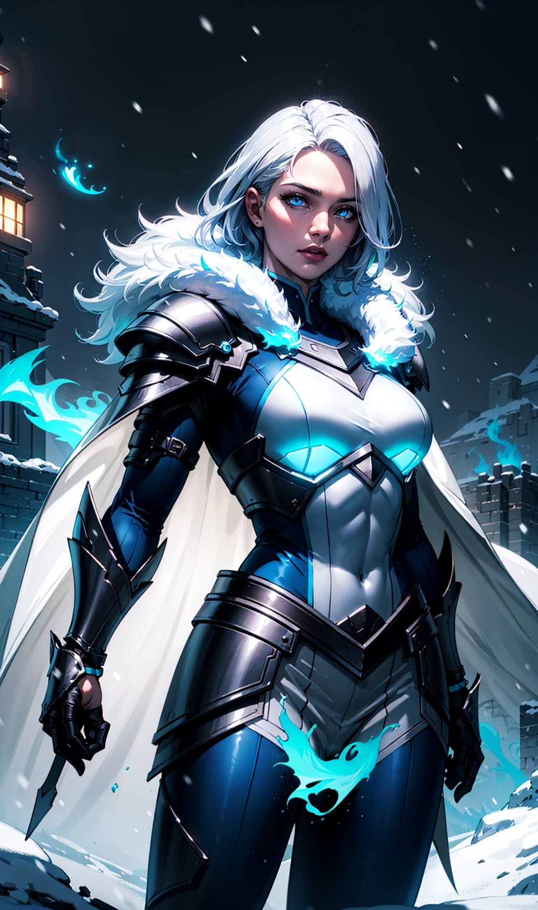 1girl, cowboy shot of wowdk, glowing blue eyes, skull armor, fur trim, pauldrons, torn cape, long white hair, blue fire, snow, ice, night, citadel, athletic, volumetric lighting, best quality, masterpiece,