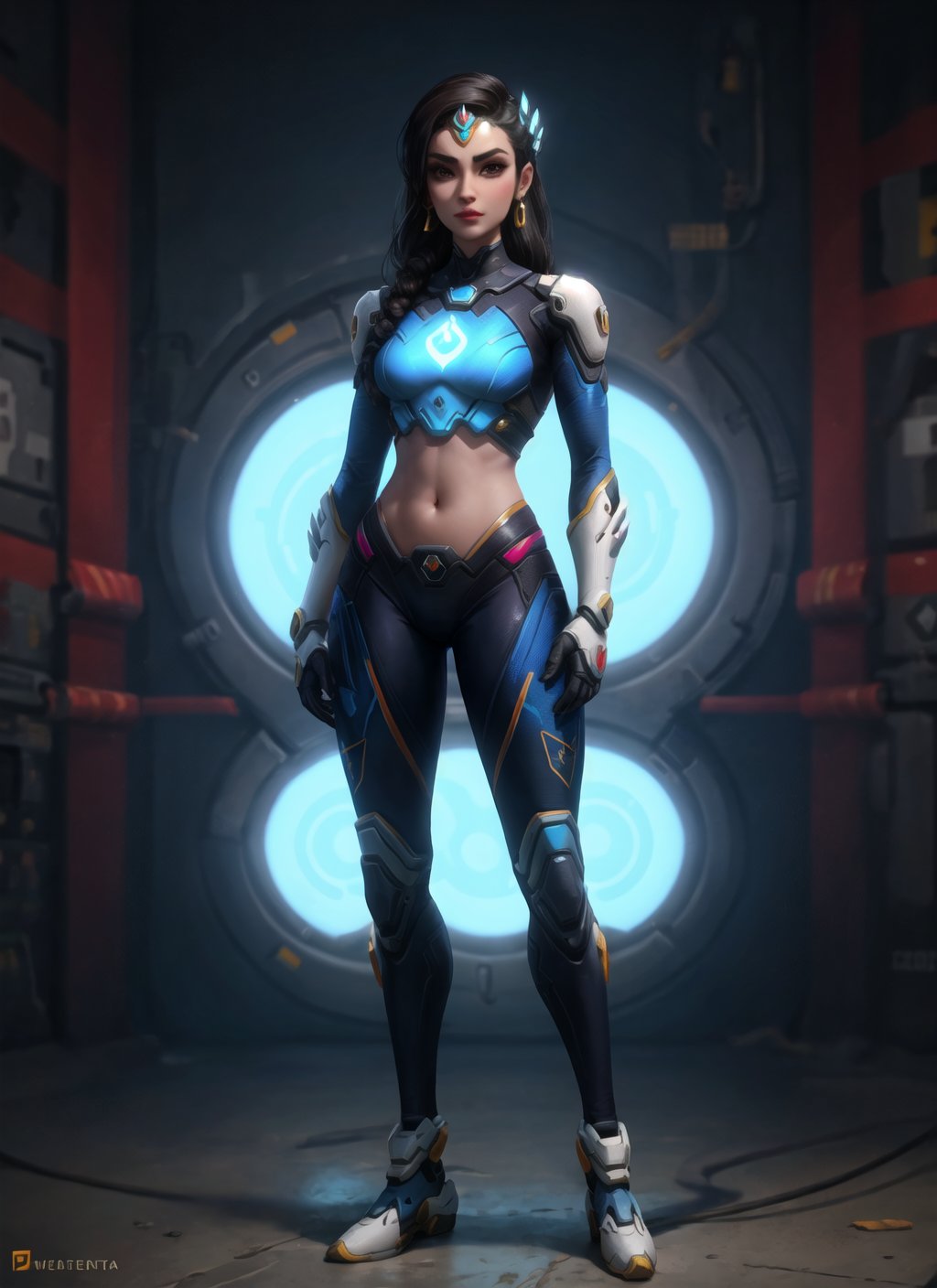 Full Body, Symmetra, Overwatch, tight clothing, standing in a Labor