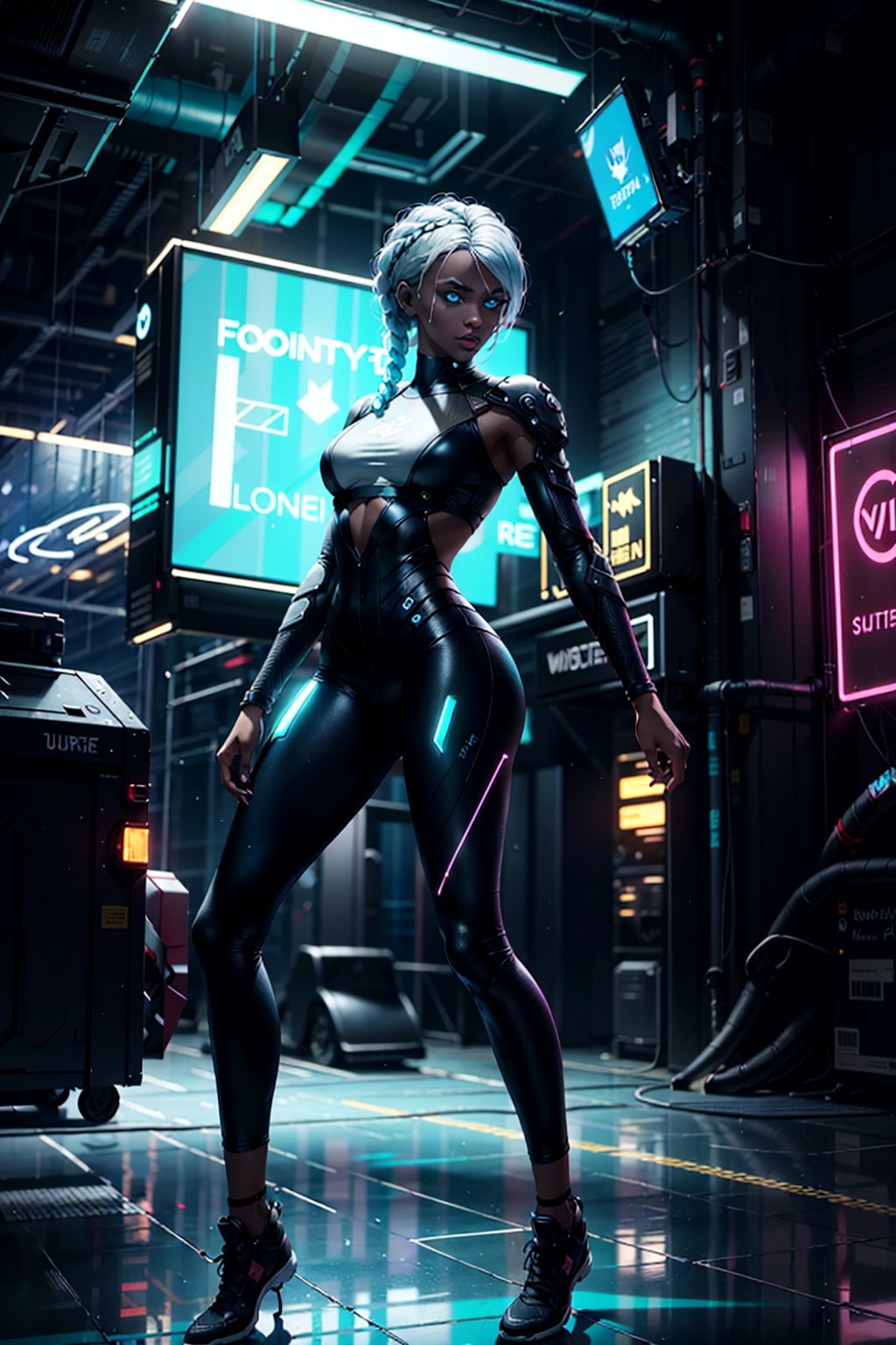 full body,1girl, 13years old, white foxtail Hair all the way to the ground, Heroic attitude, cyberpunk setting, Bounty Hunter, beautiful athletic body, dark brown skin color, small breast, wearing white tight pants and top, glowing Turquoise blue eyes, braided white hair, braided, athletic, volumetric lighting, best quality, masterpiece, realistic,drow,cyberpunk,Neon Light,beautiful_lolita_girl