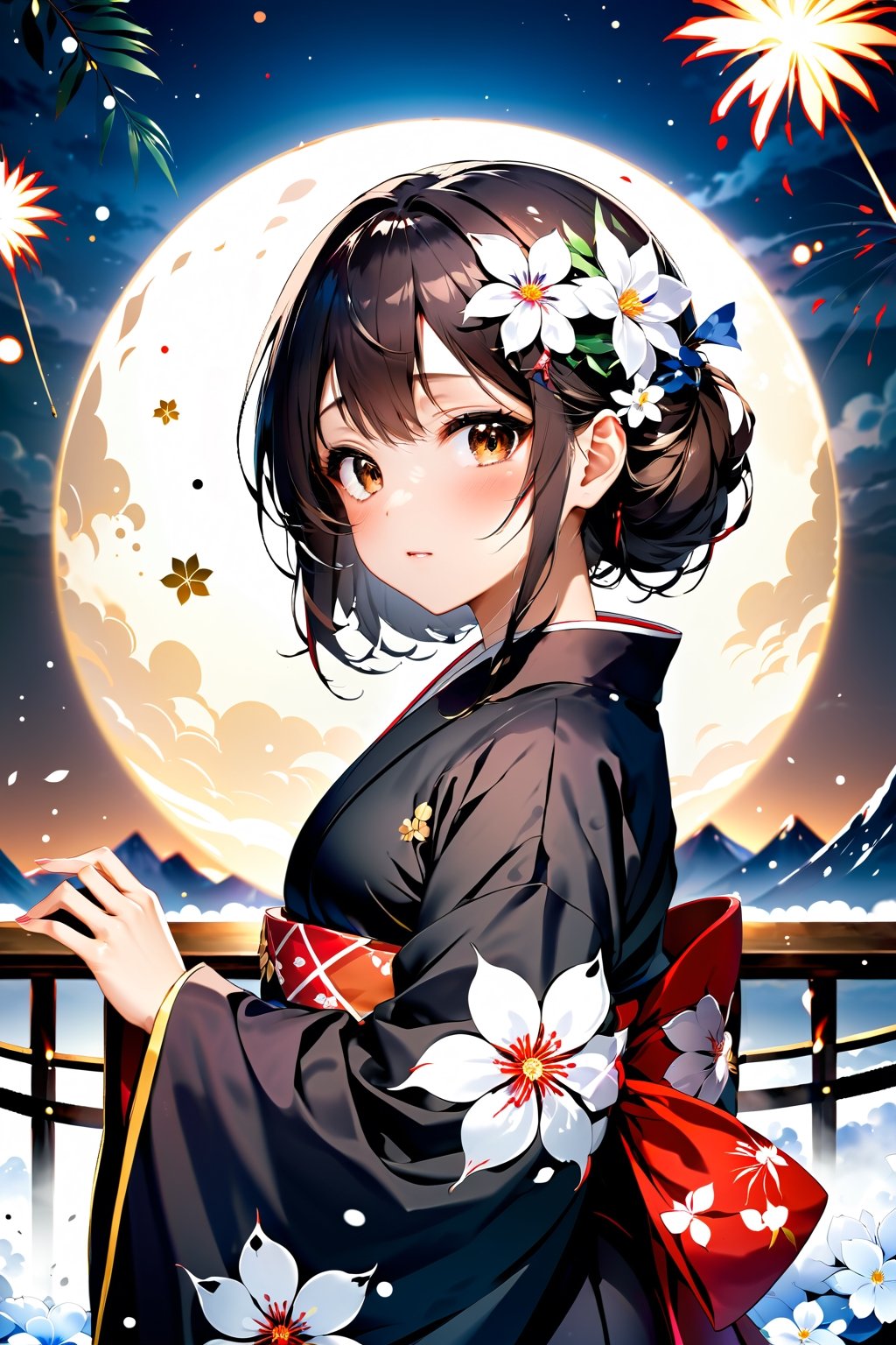 Anime ,hentai,(beautiful detailed face, beautiful detailed eyes),(((best quality,masterpiece))),(a beautiful girl,(flower pattern) kimono),(anime style),(Snow cover,night_sky ,fireworks,Matsuri, nature view),more detail XL,EpicSky,cloud,brown hair,brown eyes,